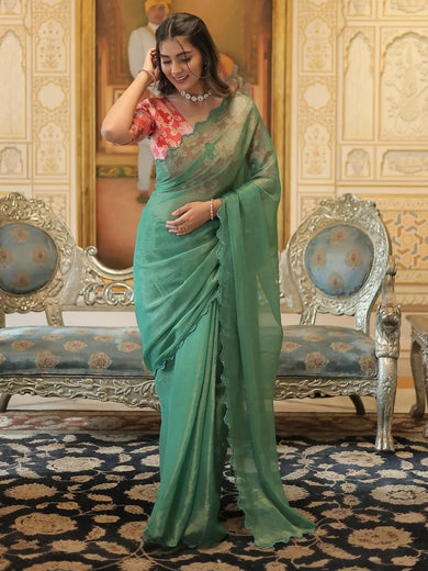 Fascinating Green Organza Party Wear Saree With Jacquard Blouse